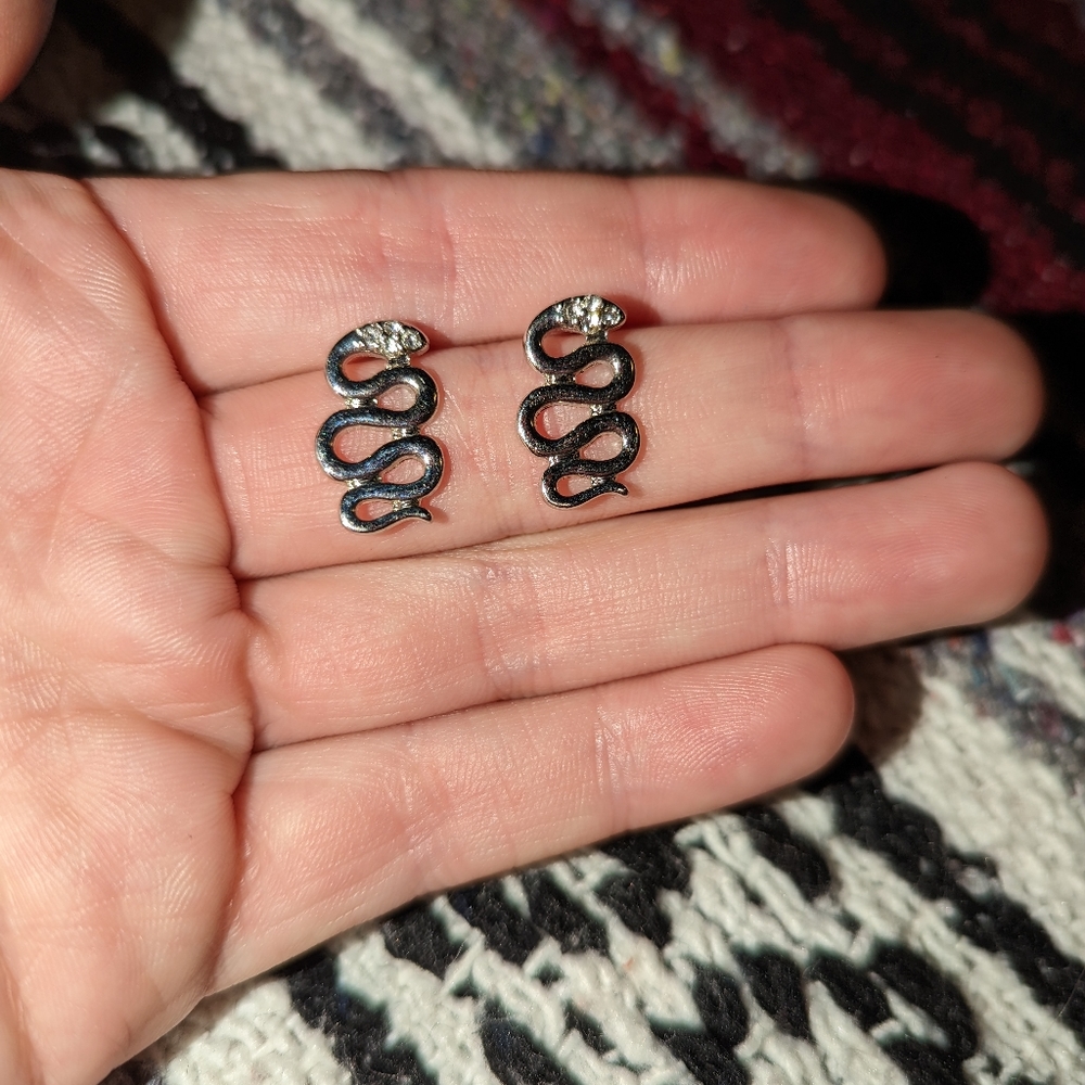 Silver Snake Earrings with Crystals in Face